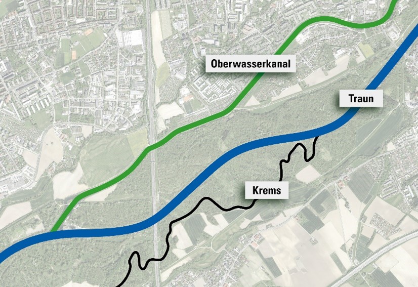 Geografische Darstellung Oberwasserkanal Traun Krems